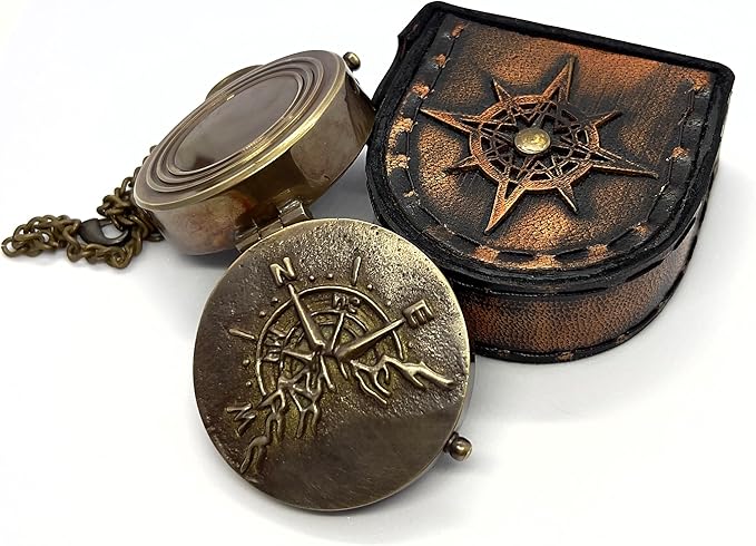 Antique Brass Compass with Detachable Chain & Carrying Case – Vintage Nautical Navigation Tool for Outdoor Hiking, Survival, and Travel – Gift for Collectors and Adventurers