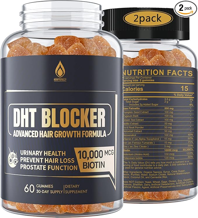 DHT Blocker Gummies Hair Growth Supplement, Super Potency Saw Palmetto & Biotin 10000 mcg for Women & Men, Plus 12 Proprietary Blend - Prevent Hair Loss, Blocking DHT Receptors, 2Pc/120ct