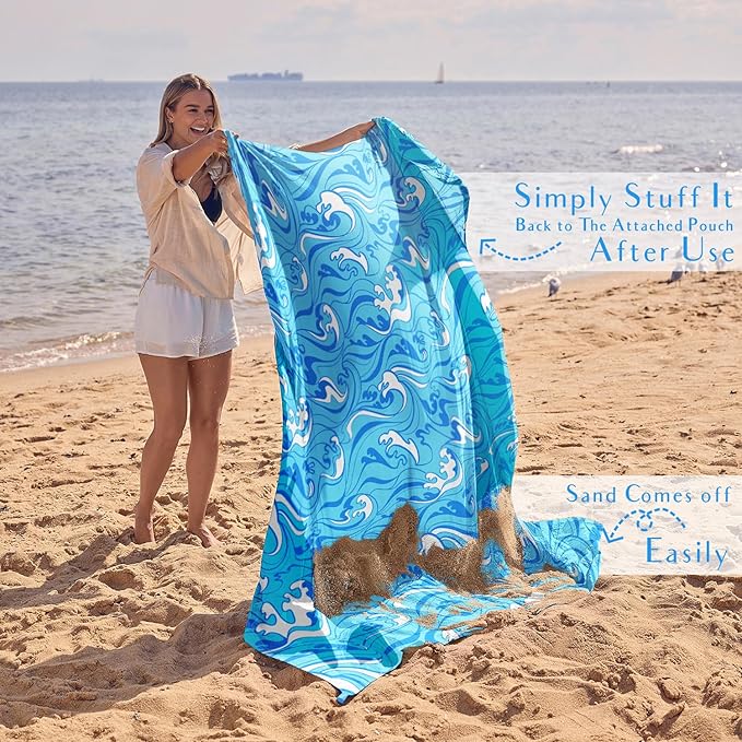 WEKAPO Beach Blanket Waterproof Sandproof Oversized Extra Large Sand Free Beach Mat with Stakes, Storage Bag - Essentials for Outdoor Beach, Picnic (Blue Ocean Waves, 11 X 9 FT (1~10 Person))