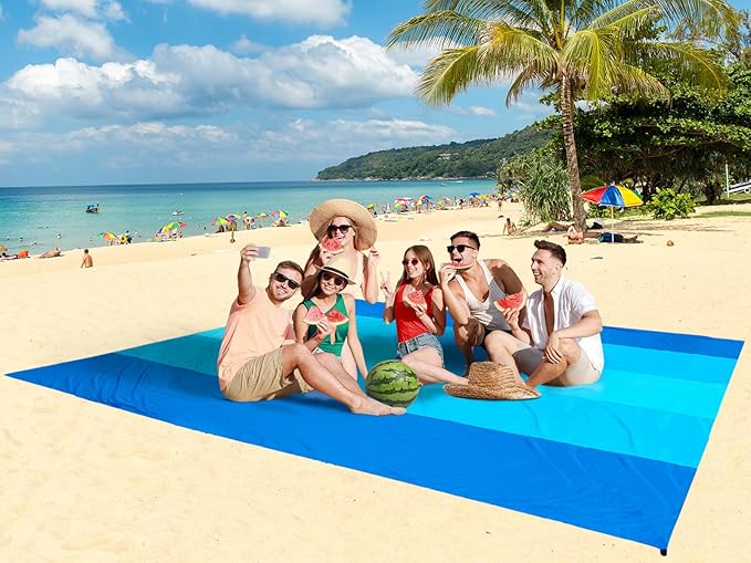 Beach Blanket, Wateresistant Sandproof Sand Free Beach Mat with Corner Pockets Portable Bag for Festival Picnic and Outdoor Camping Activties (BL-MIX5, 120"×108"(8 Person))