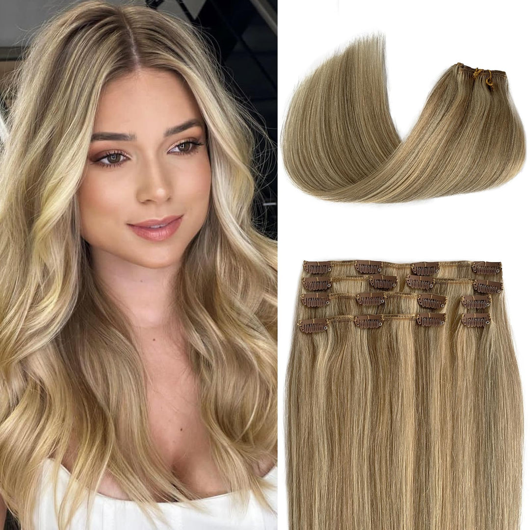 Clip In Hair Extensions Beige Blonde And Bleach Blonde Clip Ins #18P613 Double Weft Silky Natural 22 Inch Straight Blonde Highli