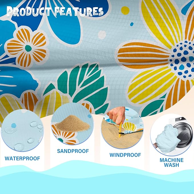 Beach Blanket Waterproof Sandproof 1-7 Adult Oversized 78 '' × 110 '' Lightweight Durable Compact Sand Free Beach Mat for Travel Camping Hiking Picnic Blanket Extra Large