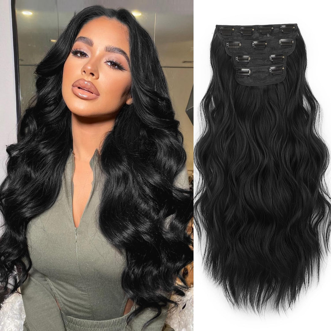 FREEMEIGE Clip in Synthetic Hair Extensions - Long Wavy 4PCS Thick Hairpieces Fiber Double Weft Natural Hair Extensions - 20 Inch for Women