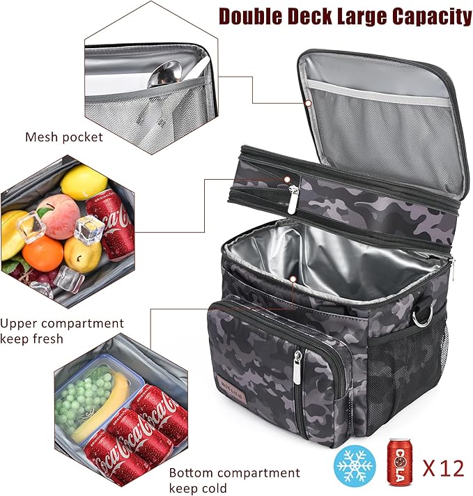 MIYCOO Lunch Bag & Lunch Box for Men Women Double Deck - Leakproof Insulated Soft Large Adult Lunch Cooler Bag for Work (Black Camo,15L)