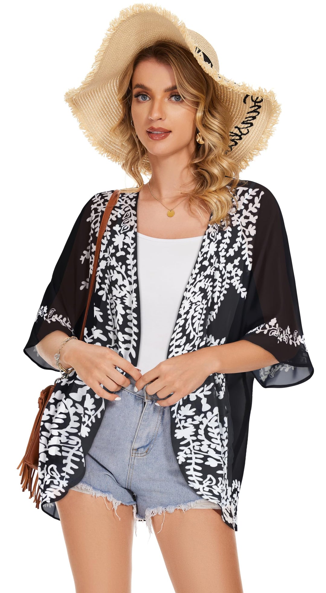 Womens Floral Kimono Cardigans Beach Cover Tops Loose Puff Sleeve Casual Blouse (C Black Flower, S)