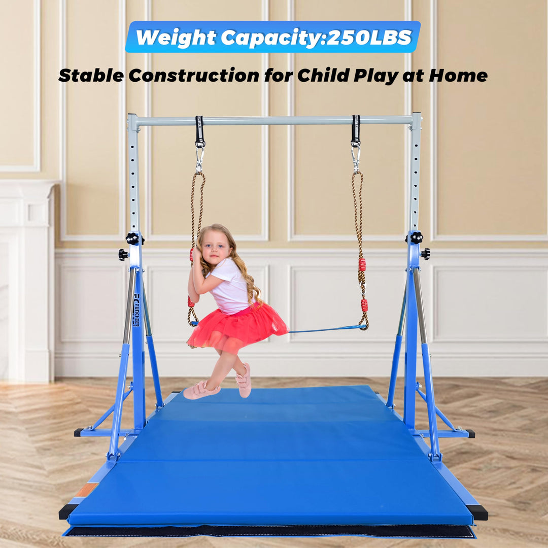 FC FUNCHEER Foldable Gymnastics kip Bar Ages 3-12,Adjustable from 3' to 5', Kids Training bar,Rings-Swing-Mat,Stable Structure-Home Gym Equipment (Foldable with Swing and mat, Blue (Swing with Mat))