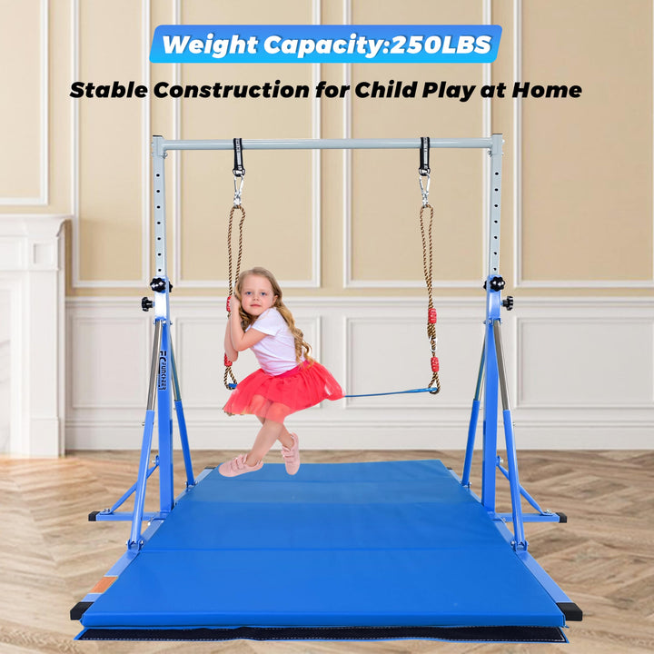 FC FUNCHEER Foldable Gymnastics kip Bar Ages 3-12,Adjustable from 3' to 5', Kids Training bar,Rings-Swing-Mat,Stable Structure-Home Gym Equipment (Foldable with Swing and mat, Blue (Swing with Mat))