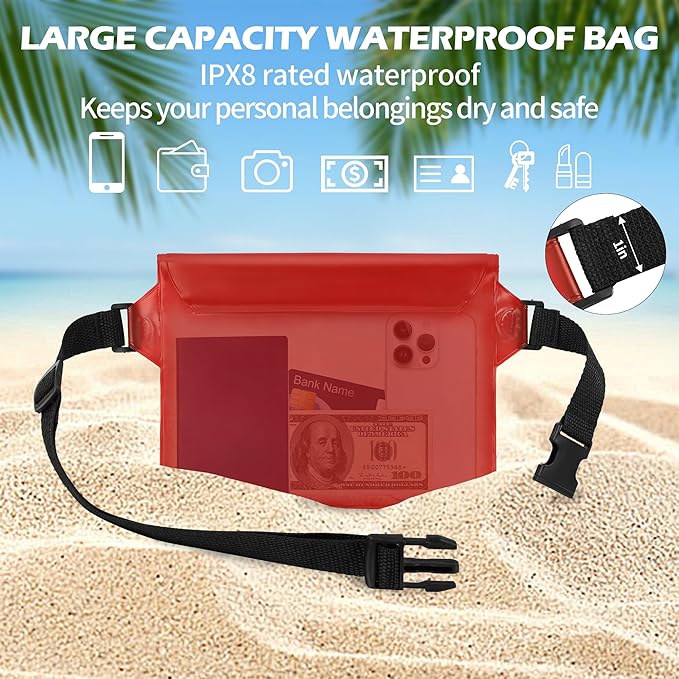 2-Pack Waterproof Pouch with Adjustable Waist Strap, Waterproof Dry Bag, Keeps Cell Phones and Valuables Safe and Dry, Perfect for Kayaking, Beach, Camping and Swimming (Black)