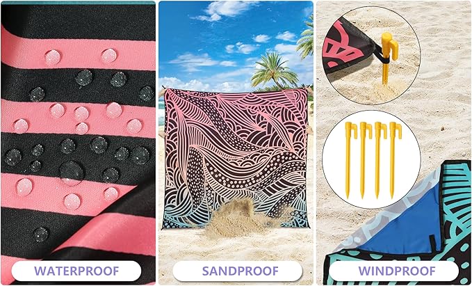 Beach Blanket Waterproof Sandproof Beach Mat 79" X 83" /10'x9'for 2-8 Adults Quick Drying Outdoor Picnic Mat Beach Accessories for Travel, Camping, Hiking