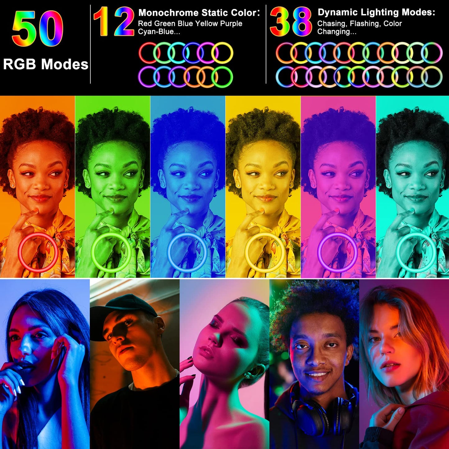 13 inch Ring Light with Tripod Stand & Phone Holder, Selfie Ring Light 63" Tall Extended Tripod Stand LED Circle Ringlight 50 RGB Mode 13 Brightness for Makeup YouTube Video Tiktok Wireless Remote