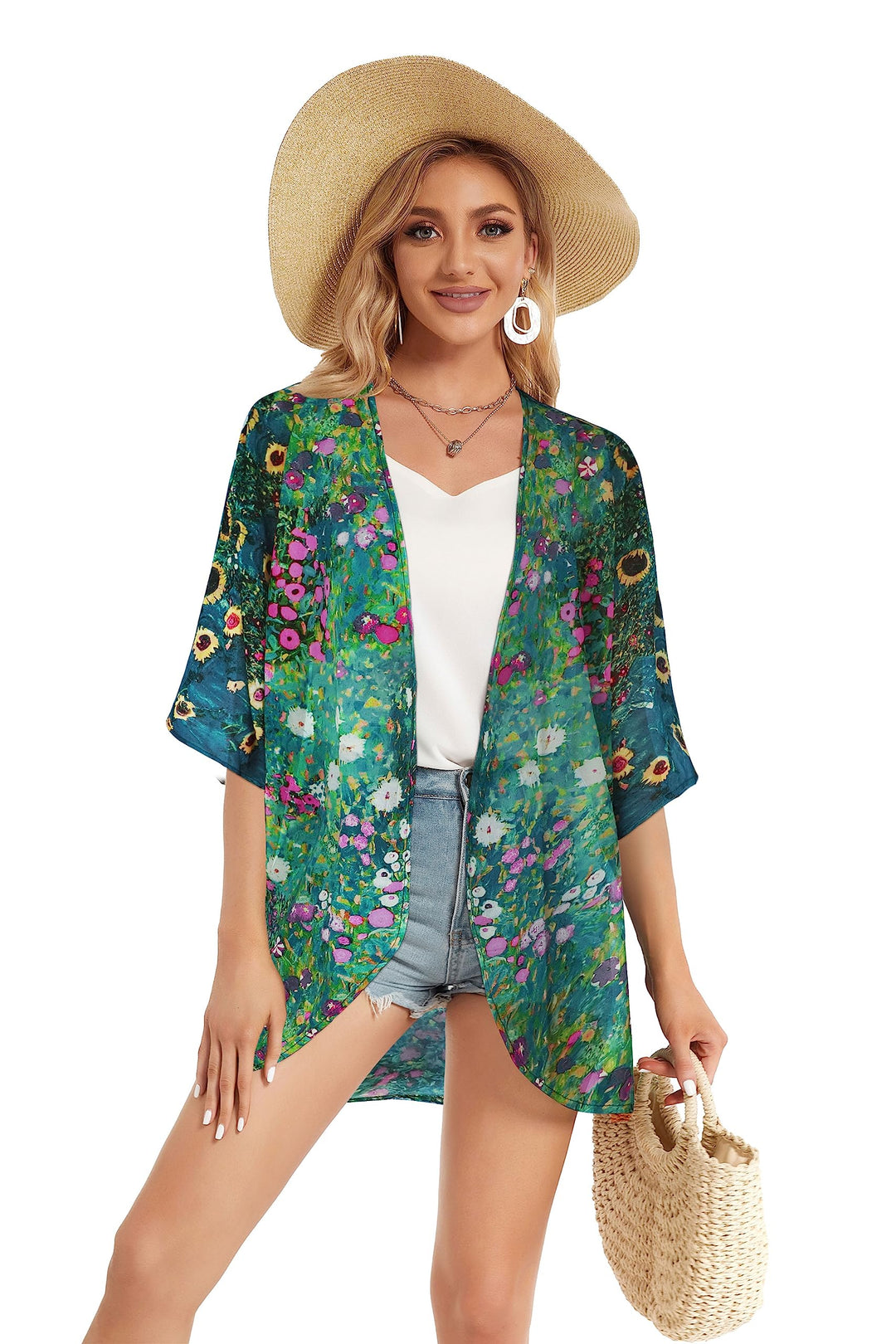 Summer Kimono Cardigan for Women Sheer Hawaii Tops Casual Open Front Swimwear Shirts Beach Cover ups (Green Daisy,S)