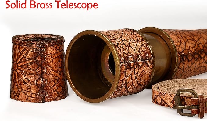 RII Antique Decor Spyglass, Pirate Telescope with Leather Case, Handheld Telescope for Adventure Enthusiasts, Monocular Nautical Decor for Gifting, Travellers, Mandala Vintage, 16"