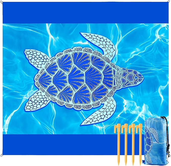 Sea Turtle Beach Blanket Waterproof Sandproof, 111x121Inch Sand Free Beach Mat, Quick Drying, Light Weight and Portable Outdoor Picnic Mat for Travel, Camping