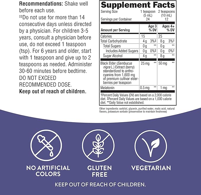 Nature's Way Sambucus Elderberry Nighttime Syrup for Kids with Melatonin, Immune Support*, 4 Fl Oz
