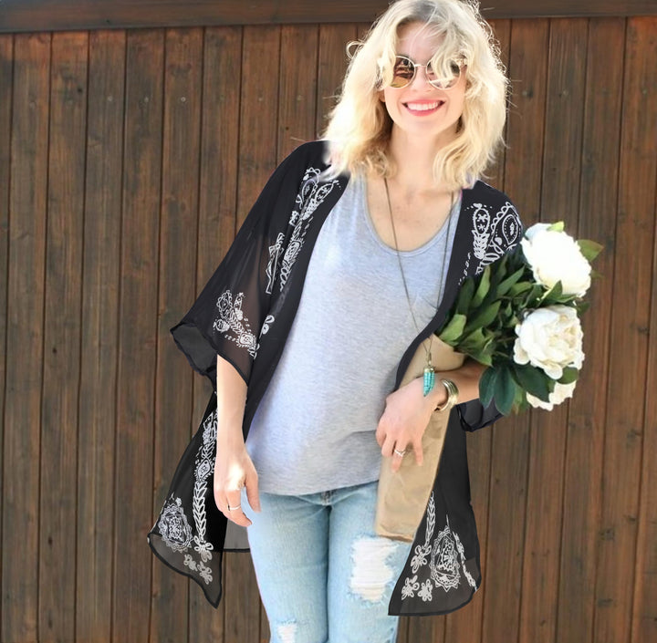 Summer Kimono Cardigan for Women Sheer Boho Tops Casual Open Front Swimwear Shirts Beach Cover ups (Caftan Black,S)