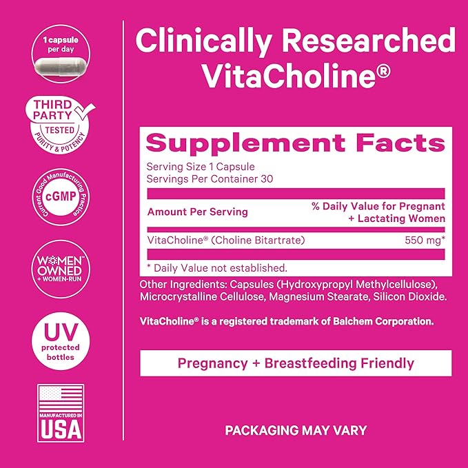 Pink Stork Choline - 550 mg Choline Bitartrate from VitaCholine for Pregnant + Postpartum Moms - Prenatal Vitamin for Fetal Cognitive Health + Breast Milk Quality - 1 Capsule Daily, 30 Count