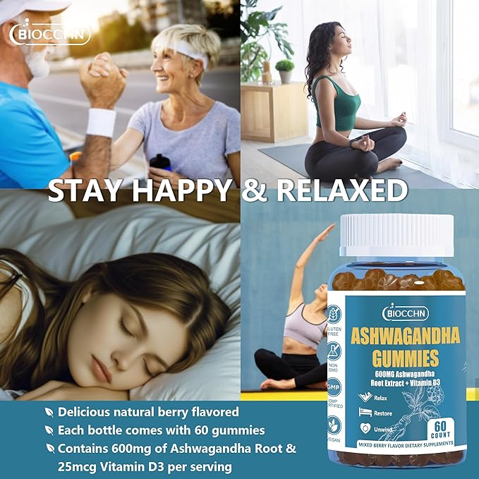 Ashwagandha Gummies ＆ Vitamin D3, Aswangdha Extract Supplement for Women Men(Non-GMO & Gluten Free,Sugar Free)