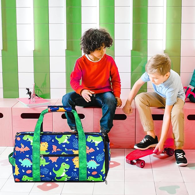 LOIDOU Duffle Bag for Boys Sport Gym Bag Kids Overnight Bag Girls Weekender Bag with Wet Pocket & Shoe Compartment (Dinosaur Navy)