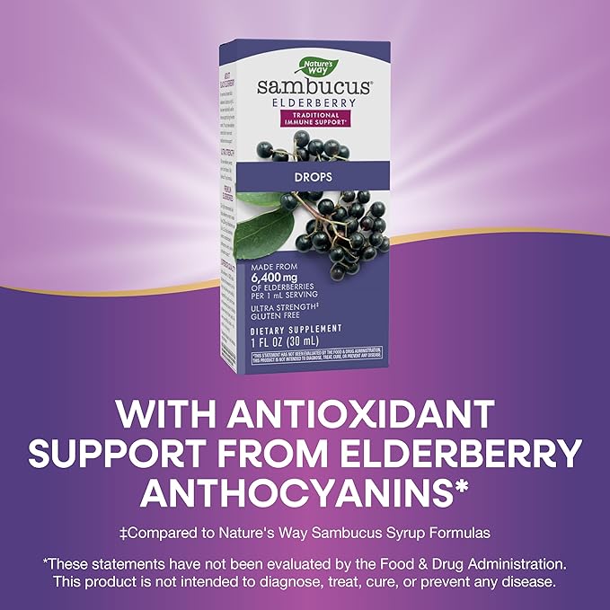Nature's Way Sambucus Elderberry Drops with Ultra Strength Elderberry, Immune Support*, Made from 6400mg of Elderberries per 1 mL, 1 Fl. Oz.