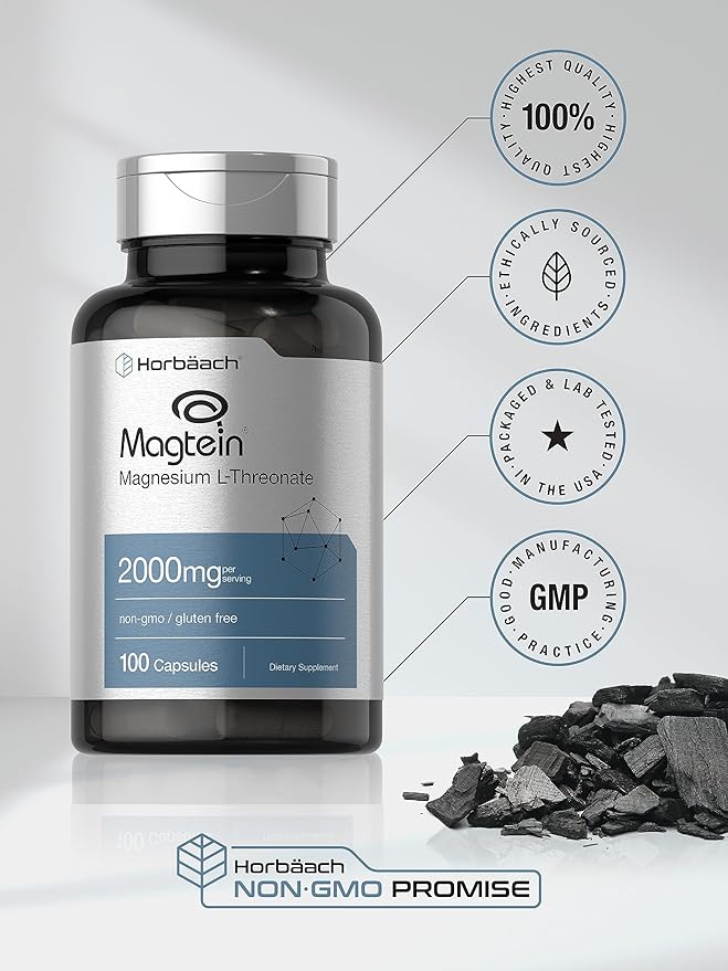 Horbäach Magtein Magnesium L-Threonate | 2000mg Supplement | 100 Capsules | for Men & Women | Non-GMO and Gluten Free