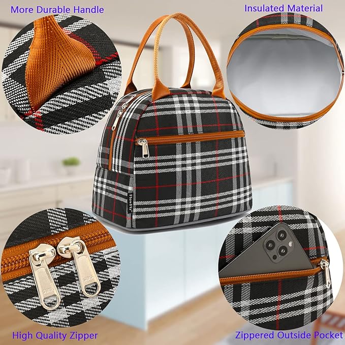 FlowFly Insulated Reusable Lunch Bag Adult Large Lunch Box Lunch Tote for Women and Men,With Front Pocket,W&B