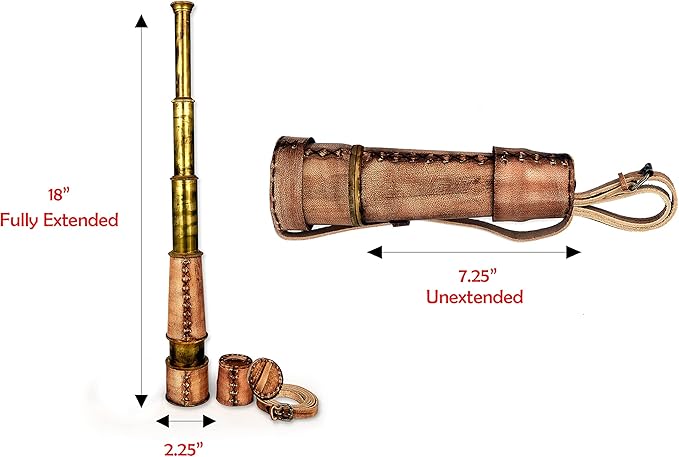 RII Antique Decor Spyglass, Pirate Telescope with Leather Case, Handheld Telescope for Adventure Enthusiasts, Monocular Nautical Decor for Gifting, Travellers, Vintage, 18"