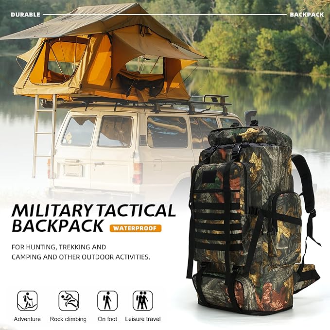 70L/100L Hiking Camping Backpack MOLLE Rucksack Waterproof Traveling Daypack Durable High-Performance Backpack for Backpacking (Leaf camo, 70L/100L)