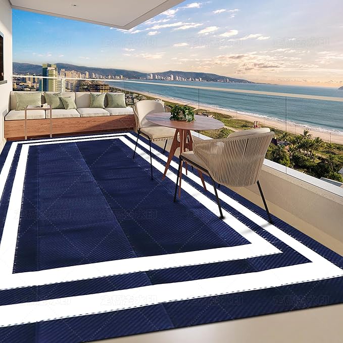 8'x 10' Outdoor Rug,Waterproof Reversible Patio Rugs,8x10 ft Plastic Straw Outdoor Carpet Foldable Plastic Camping Mat for Outside RV, Patio,Picnic,Camper,Balcony,Porch(Navy Blue &White)
