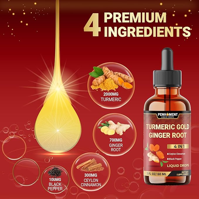 4in1 Liquid Turmeric Curcumin Drops Extract with Ceylon Cinnamon, Ginger and Black Pepper for Joint Support - 2FL oz - 60 Servings