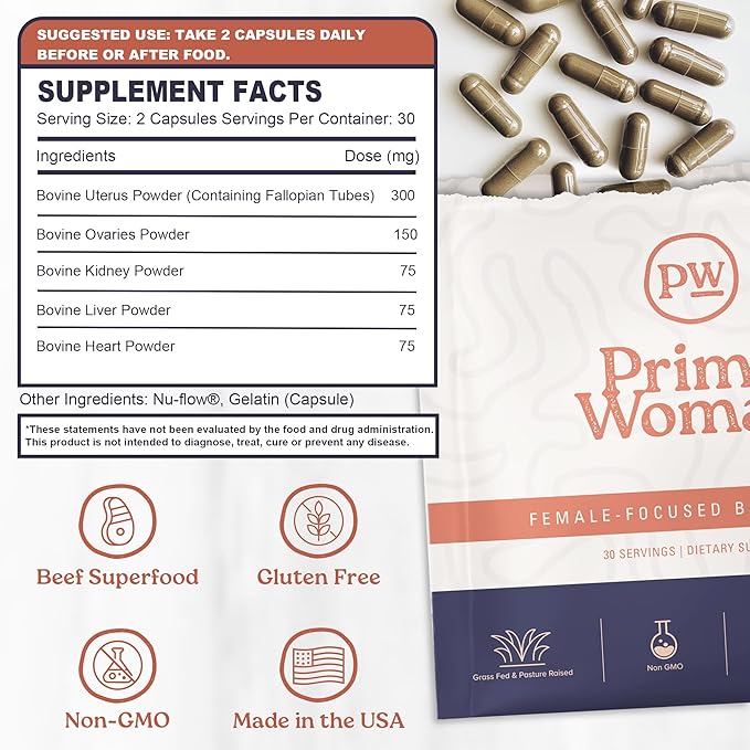 Beef Organ Supplement for Women - Heart, Liver for Women, Grass Fed, Pasture Raised Liver | Primal Beef Organ Capsules Woman (60 Capsules)