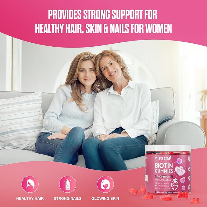 Biotin Gummies for Hair, 120 Sugar Free Gummies Skin and Nails - Extra Strength 10,000mcg, Vegan Vitamins for Men & Women, Supports Faster Hair Growth and Stronger Nails