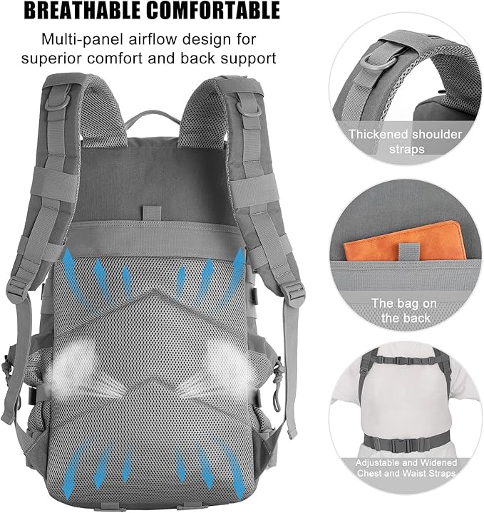 Military Tactical Backpack 50L Large Day Backpack for Men Molle Army 3 Days Assault Pack Bug Out Bag Water Resistant and Heavy Duty Hiking Treeking Rucksack - Grey