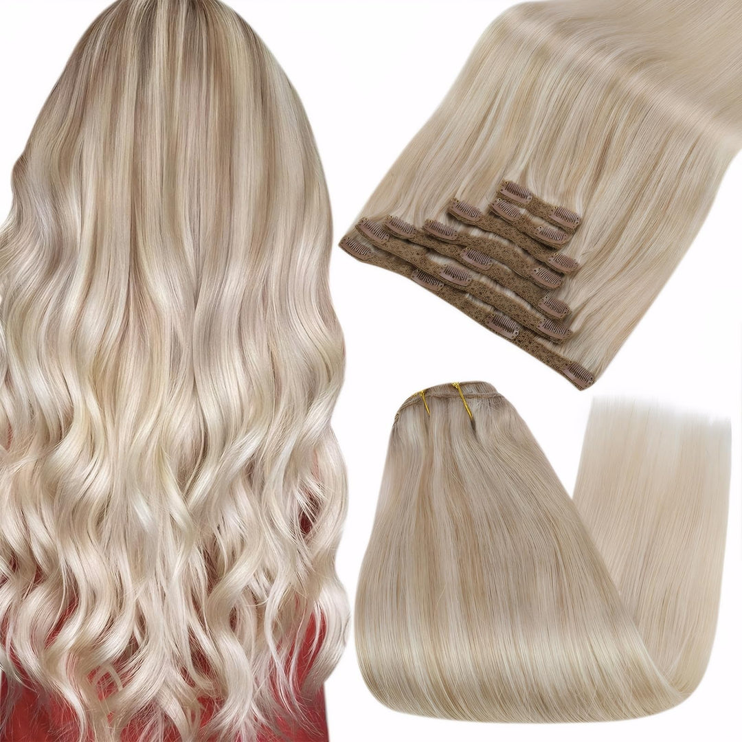 Fshine Clip In Hair Extensions Real Human Hair, Balayage Ash Blonde To Bleach Blonde With Platinum Blonde Seamless Straight Natu