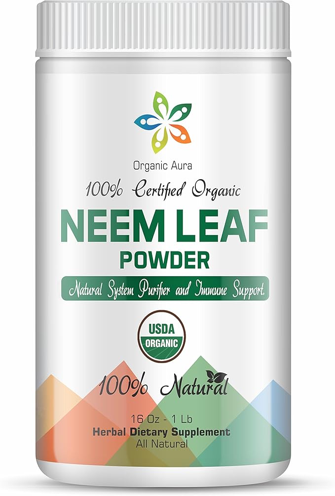 Organic Aura Neem Leaf Powder (Azadirachta Indica). 100% Pure Neem, Raw and Green. USDA Certified Organic Neem for Immune Support, Skin, and Hair. Naturall Source of Antioxidants and Detox.