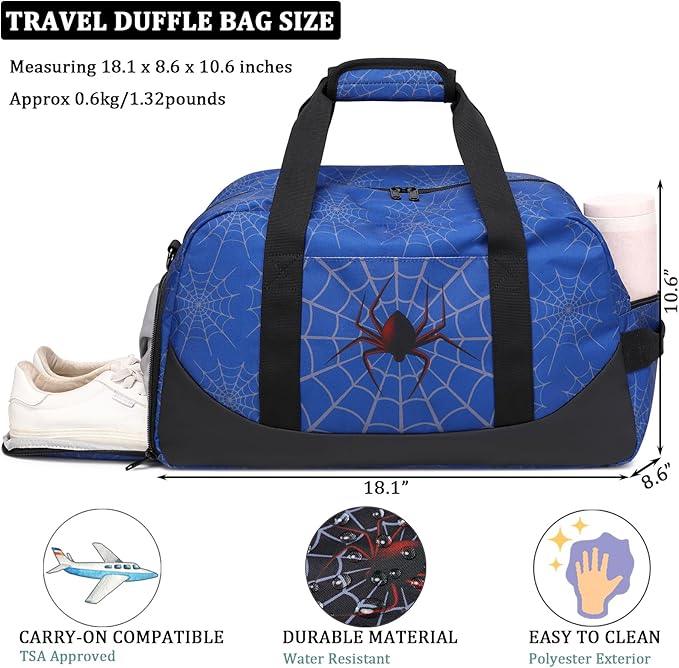JIANYA Kids Overnight Duffle Bag Spider Sports Gym Bag with Shoe Compartment & Wet Pocket, Carry On Weekender Travel Bag, Blue