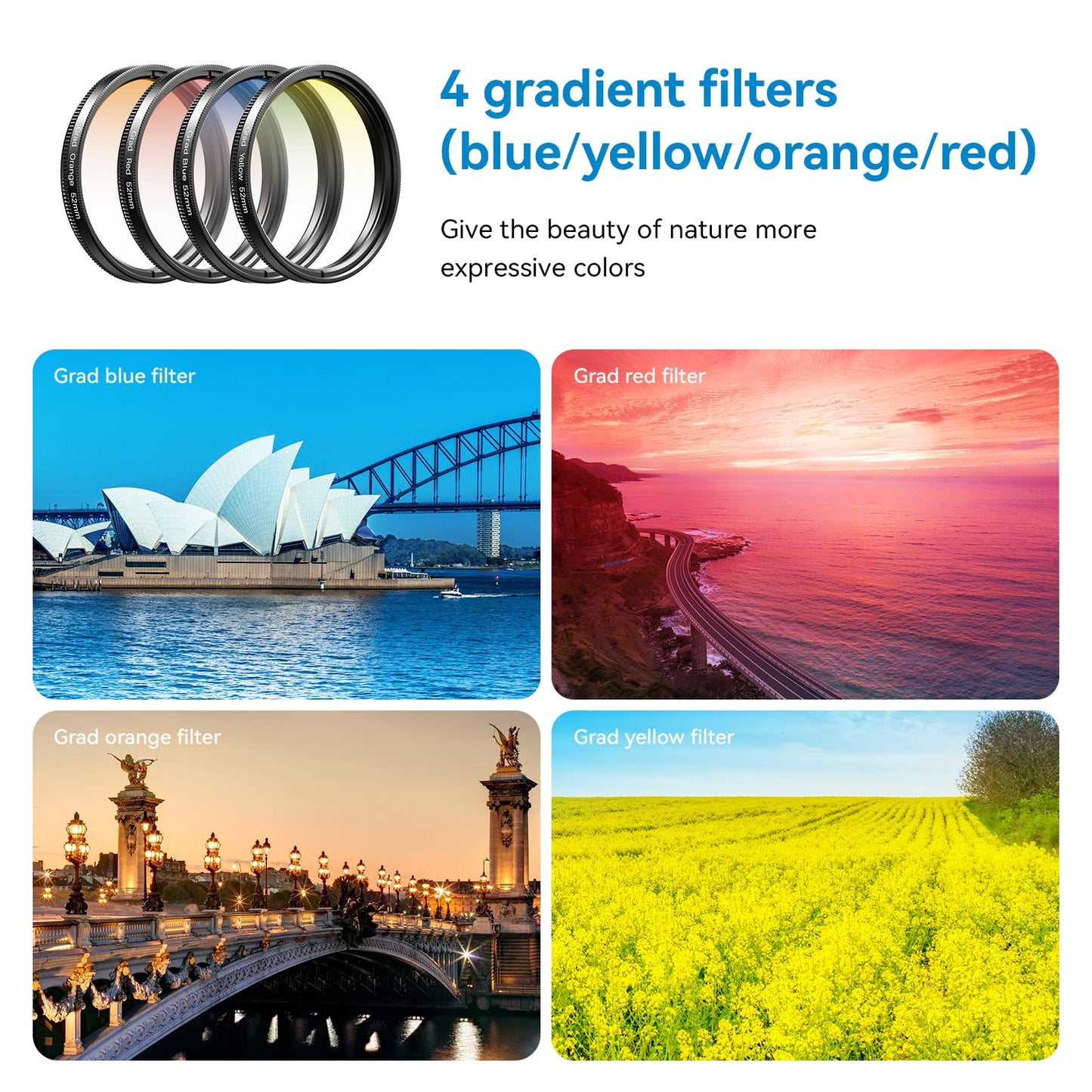 APEXEL 52 mm Phone Filters,Camera Filter Kit 7 in 1,CPL,ND32,Star Filter,4 Gradient Filters (Blue, Yellow, Orange, Red),Suitable for Mobile Phones and 52mm Cameras