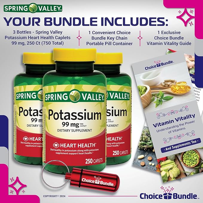 Spring Valley Potassium Heart Health Dietary Supplement Caplets 99 mg 250 CT 3 pk (750 Total) + “Vitamin Vitality” Guide & Keychain Pill Container (5 Items)!