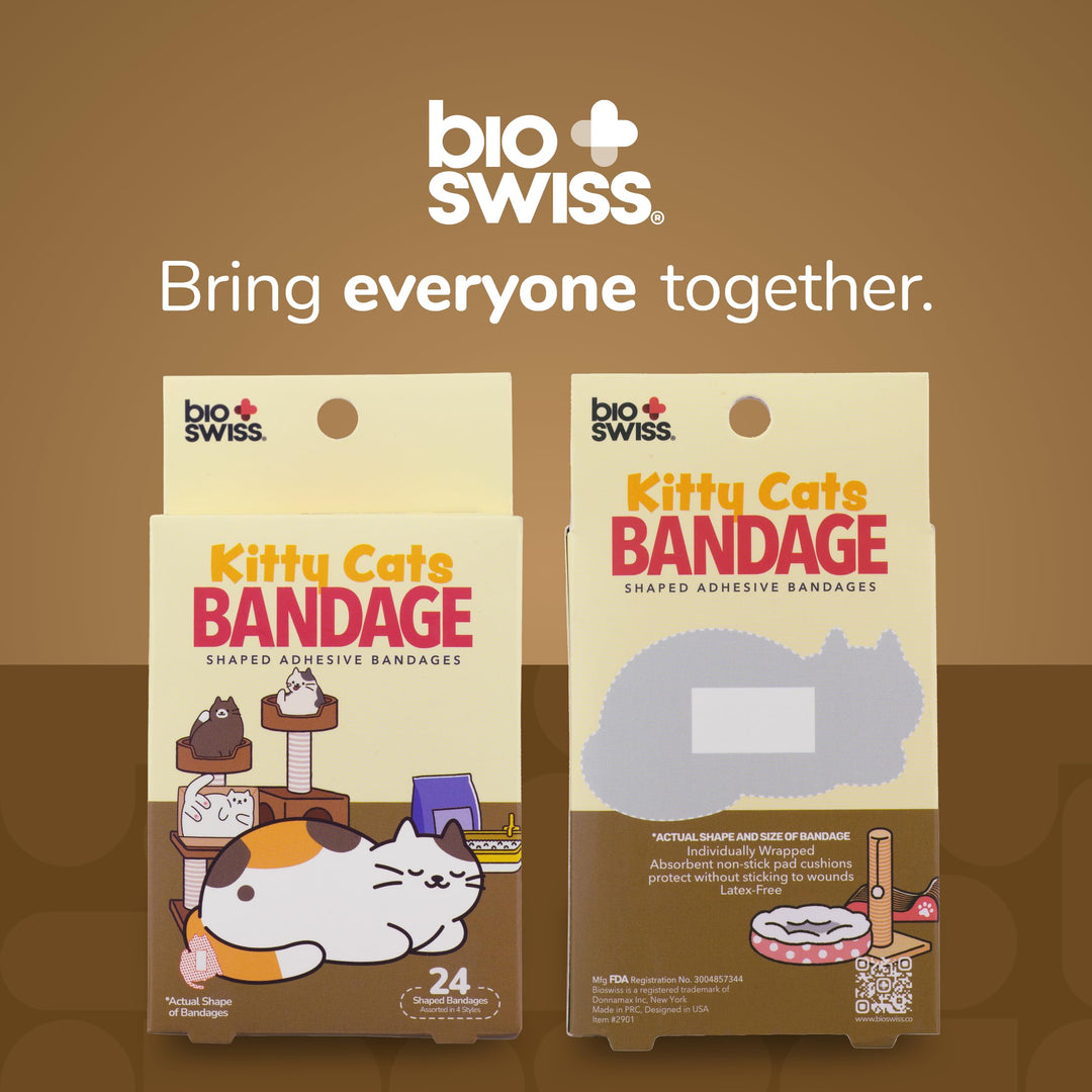 BioSwiss Bandages, Kitty Cats Shaped Self Adhesive Bandage, Latex Free Sterile Wound Care, Fun First Aid Kit Supplies for Kids and Adults, 24 Count