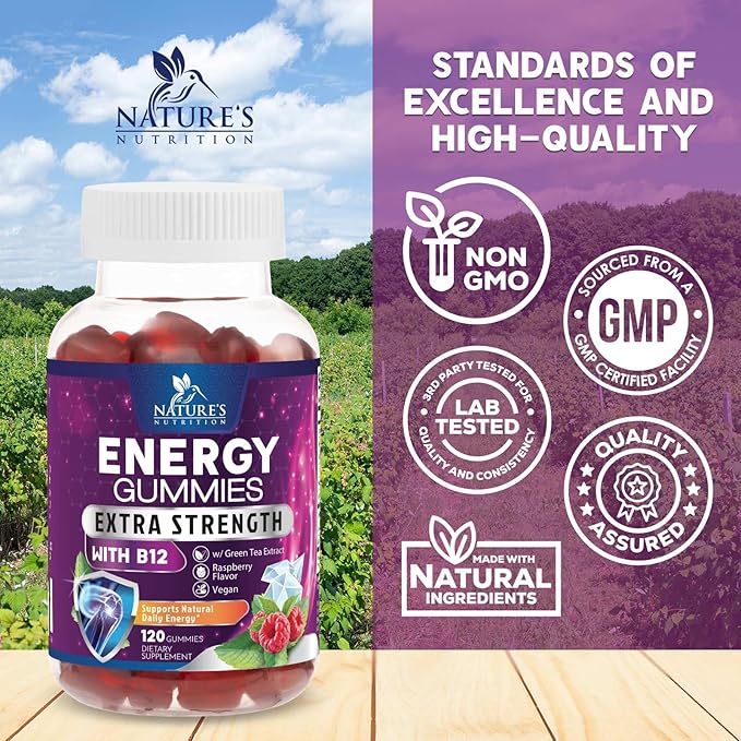 Energy Gummies Vitamin B12 1000 mcg, Green Tea Natural Caffeine Support, Extra Strength Daily Energy Vitamins, Delicious Berry Flavor Gluten Free Chewable Supplement for Cycling & Running - 120 Chews