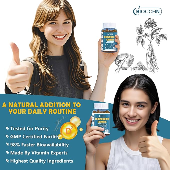 Ashwagandha Gummies ＆ Vitamin D3, Aswangdha Extract Supplement for Women Men(Non-GMO & Gluten Free,Sugar Free)