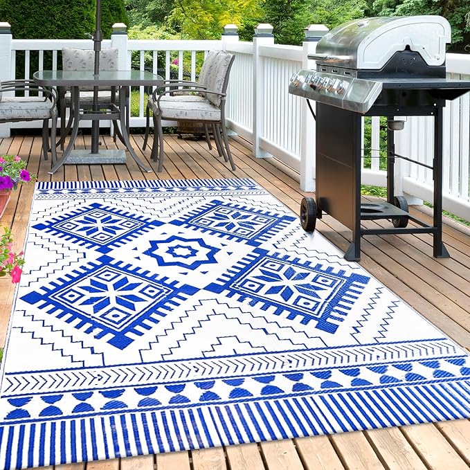 Waterproof Outdoor Rug 5x8ft, Boho Reversible Plastic Straw Mat for Patio RV Deck Porch Backyard Balcony Camping Picnic Beach Indoor Outdoor Carpet, Blue&White