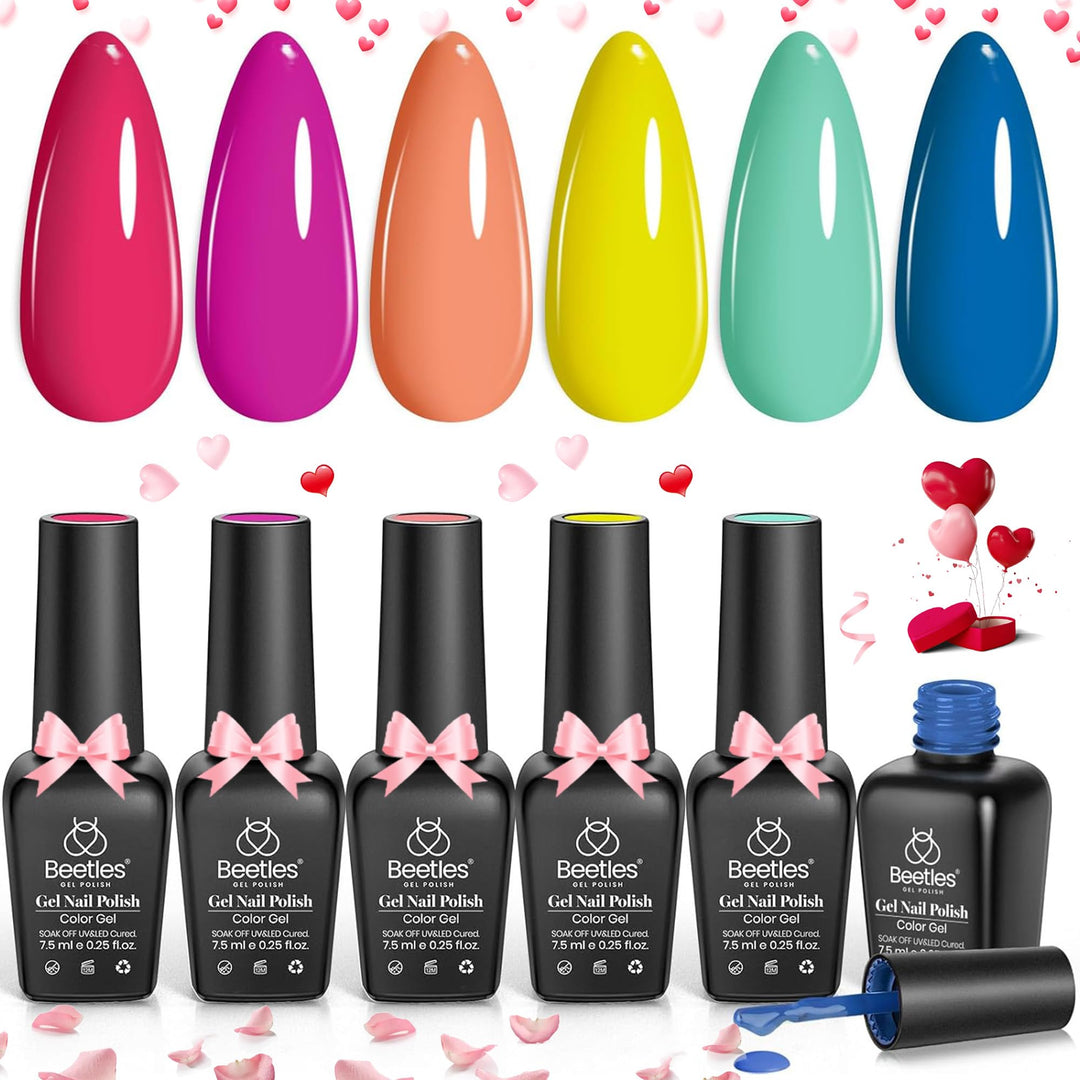 Beetles Gel Nail Polish Set, 6 Colors Bright Rainbow Nail Art Orange Blue Pink Green Neon Gel Polish Kit Soak Off Uv Gel Diy Nai