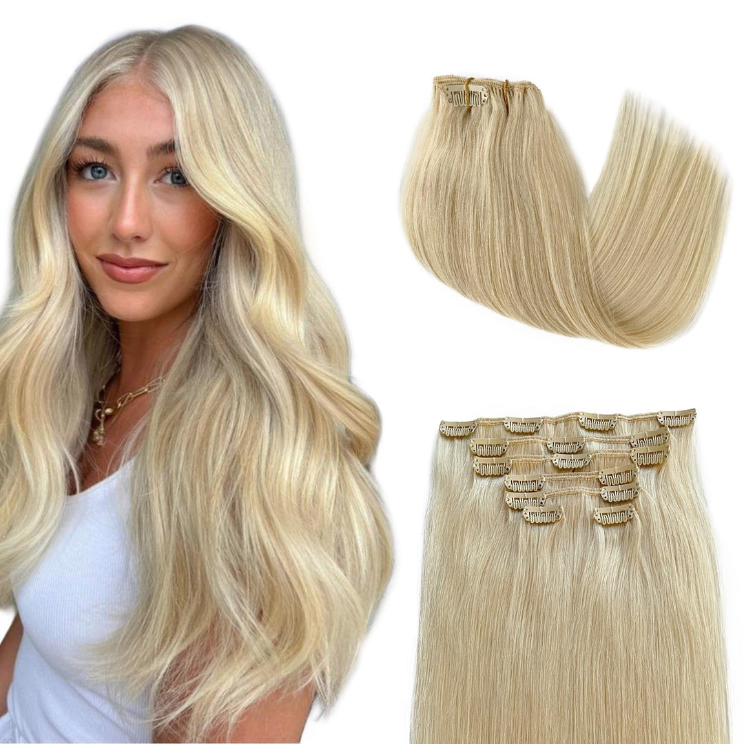Clip In Hair Extensions Real Human Hair, Blond Clip In Extensions For Women, 22 Inch Fine Straight #60 Platinum Blonde Human Hai