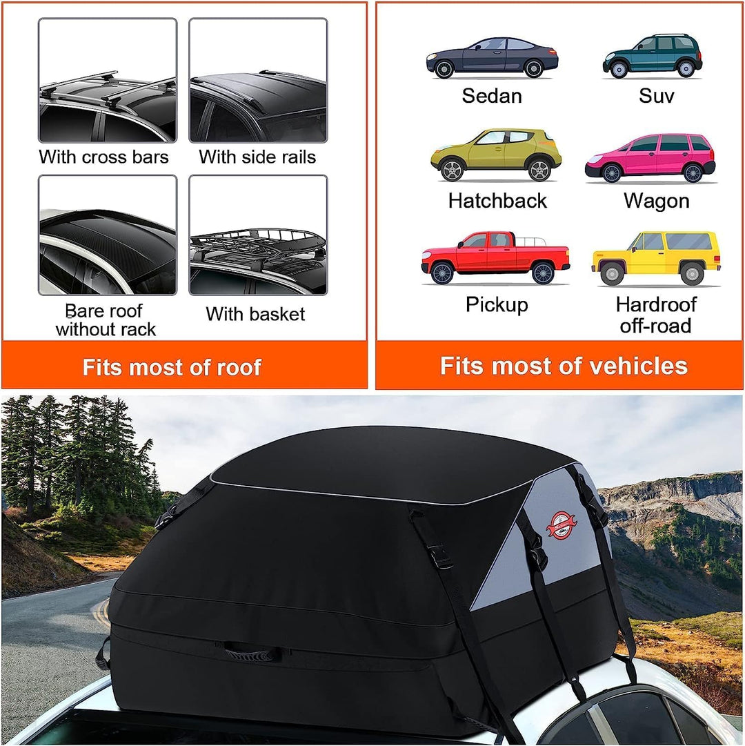 Car Rooftop Cargo Carrier Roof Bag, 20 Cubic Feet Waterproof Roof Top Cargo Carrier fit Car with Without Luggage Rack - Vehicle Soft Shell Roof Cargo Box with Tie-Down Strap, Safety Hook & Storage Bag