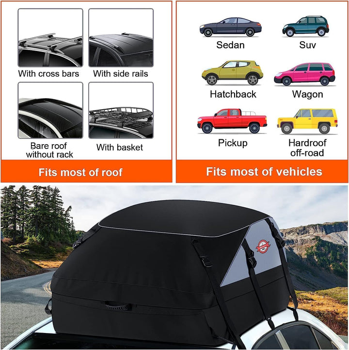 Car Rooftop Cargo Carrier Roof Bag, 20 Cubic Feet Waterproof Roof Top Cargo Carrier fit Car with Without Luggage Rack - Vehicle Soft Shell Roof Cargo Box with Tie-Down Strap, Safety Hook & Storage Bag