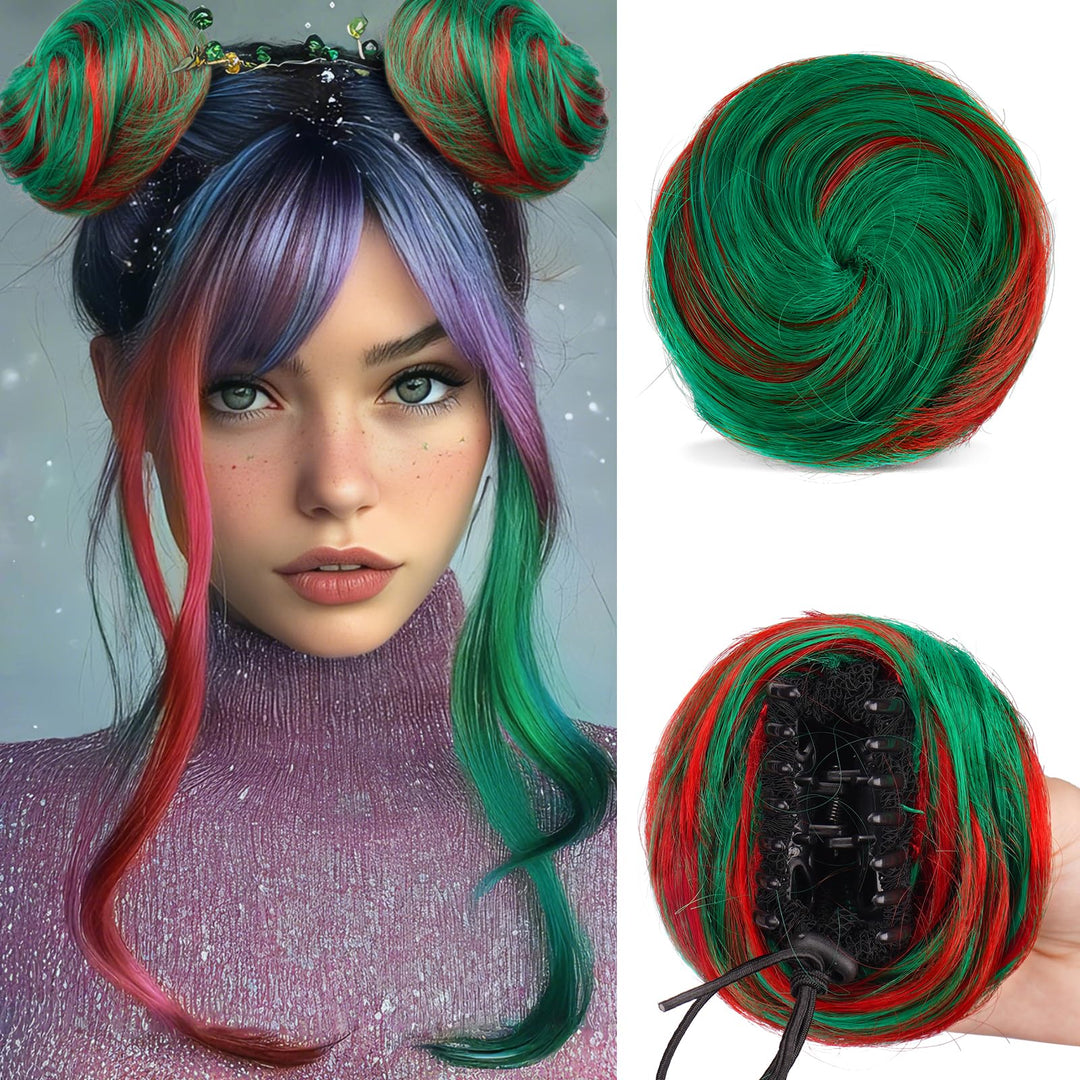 SOFEIYAN 2PCS Mini Claw Clip in Hair Bun Messy Cat Ears Hair Bun Extension Synthetic Donut Wig Accessory Updo Space Bun Hair Pieces for Women Girls, Green&Red