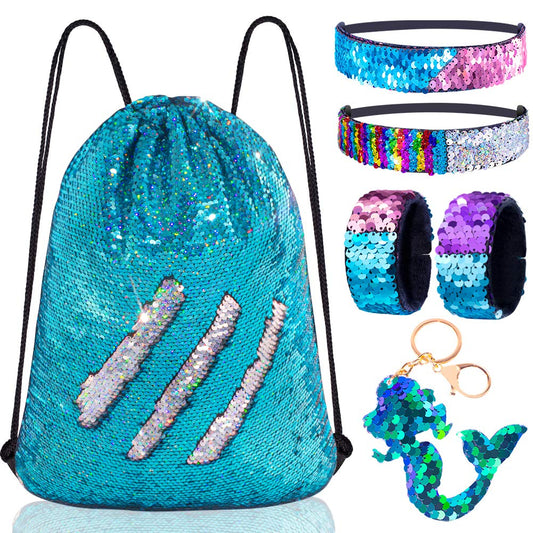 Mermaid Reversible Sequin Drawstring Backpack/Bag Iridescent Dotted Blue/Silver for Kids Girls One_Size