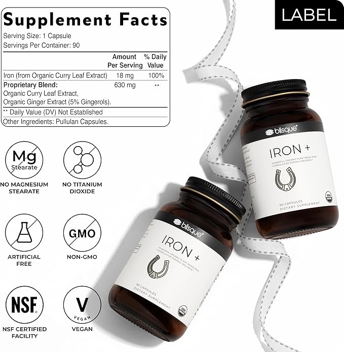 Blisque - Organic Plant-Based Iron Formula for Blood Health, Immune Support, and Energy | from Organic Curry Leaf Extract | 90 Capsules