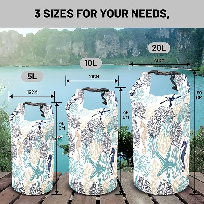 Waterproof Dry Bag,Roll Top Sea Turtle Starfish Coral Waterproof Backpack 5L/10L/20L Floating and Lightweight Bags for Kayaking, Boating, Fishing, Swimming and Camping with Waterproof Phone Case