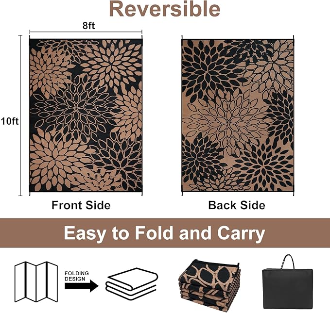 Anidaroel 8x10 Flower Outdoor Rug for Patios Clearance, Waterproof Camping Rug for Outside RV, Reversible Plastic Straw Outside Area Rugs for Garden, Camper, Picnic, Beach(Black/Brown,8'x10')